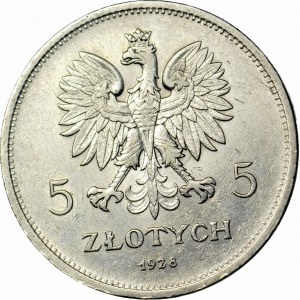 5 złotych 1928 Nike, ze znakiem, Warszawa, bardzo ładne