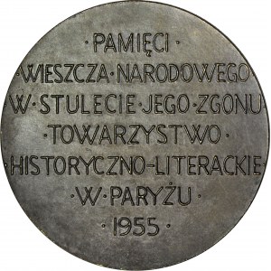 Emigrace, Francie, 100. výročí úmrtí Adama Mickiewicze, 1955, Paříž, vysoký reliéf 11,5 mm