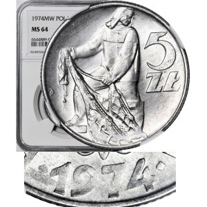 RR-, Rybak 5 złotych 1974, SUPER PŁASKA DATA