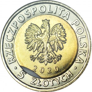 R-, 5 złotych 2020, Kościół Mariacki DESTRUKT, błąd wykrojnika krążka wewnętrznego