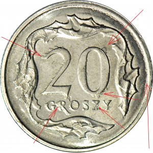 RR-, 20 pennies 2020, DESTRUKT - tens of stamp damage