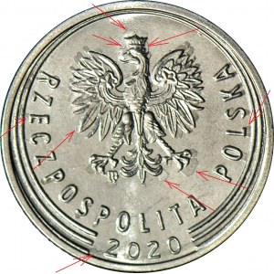 RR-, 20 pennies 2020, DESTRUKT - tens of stamp damage