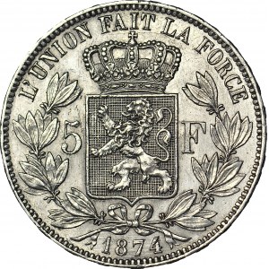 Belgia, Leopold II, 5 Franków 1874, Bruksela