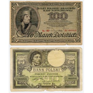 Zestaw 2 szt. 100 marek polskich 1919 ser. BD, 500 złotych 1919 ser. SA