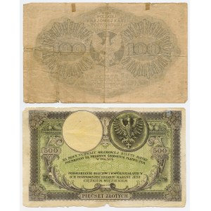 Zestaw 2 szt. 100 marek polskich 1919 ser. BD, 500 złotych 1919 ser. SA