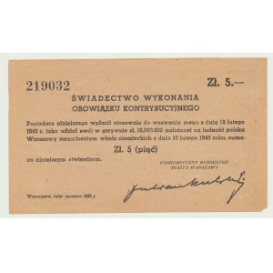 5 zł 1943, Świadectwo Kontrybucji, piękne