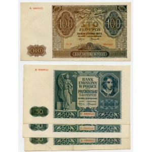Ensemble de 4 pièces : 100 zloty 1941 ser. A, 3x50 or 1941, ser. D