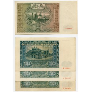 Ensemble de 4 pièces : 100 zloty 1941 ser. A, 3x50 or 1941, ser. D