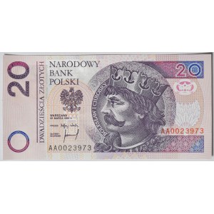 20 złotych 1994, druk TDLR Londyn, AA 0023973, dwa zera na początku