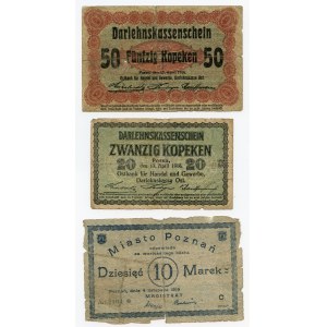 Poznań, Zestaw 3 szt. 50 kopiejek 1916, 20 kopiejek 1916, 10 marek 1919