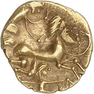 GAULE - CELTIC Namnètes. Quart de statère, série à l’hippophore, var. 1 à la rosette sur la joue ND (IIe - Ier siècle avant J.-C.).