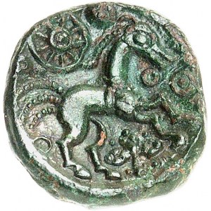 GAULE - CELTIC Ambiens. Bronze type au bucrane, variété inédite au cheval à la roue ND (Ier s. av. J.-C.).