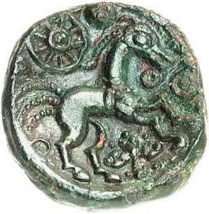 GAULE - CELTIC Ambiens. Bronze type au bucrane, variété inédite au cheval à la roue ND (Ier s. av. J.-C.).