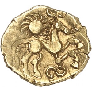 GAULE - CELTIC Bellovaques. Quart de statère d’or à l’astre, au cheval à droite et S ND (50-30 av. J.-C.).