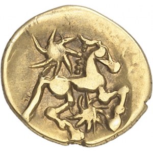 GAULE - CELTIC Bellovaques. Quart de statère d’or à l’astre et au cheval à droite ND (50-30 av. J.-C.).
