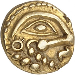 GAULE - CELTIC Bellovaques. Quart de statère d’or à l’astre ouvert et au cheval à droite ND (50-30 av. J.-C.).