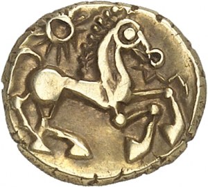 GAULE - CELTIC Bellovaques. Gold quarter statere with open star and horse right ND (50-30 B.C.).