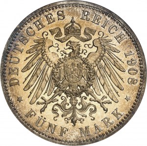 GERMANY - Lübeck (Free City of). 5 (fünf) mark, Flan bruni (PROOF) 1908, A, Berlin.