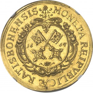 ALLEMAGNE - GERMANY Ratisbonne (ville libre de). 6 ducats, au nom de l’empereur Léopold I 1667 HF, Ratisbonne.