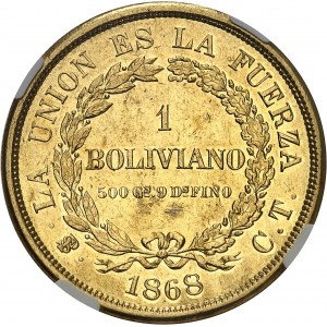 BOLIVIE - BOLIVIA République. Essai de 1 boliviano en Or, type adopté 1868 CT, Potosi.