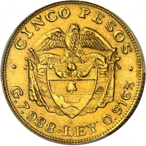 COLOMBIE - COLOMBIA République. Essai-piéfort en Or de 5 pesos 1913, Medellin.