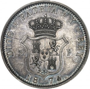 SPAIN - SPAIN Charles VII, Pretender (1868-1909). 5 pesetas, by P. Bembo, Frappe spéciale (SP) 1874, Brussels (Würden).