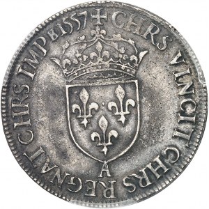 FRANCE / CAPÉTIENS - FRANCE / ROYAL Henri II (1547-1559). Teston au buste lauré, 1er type, frappé au moulin 1557, A, Paris.