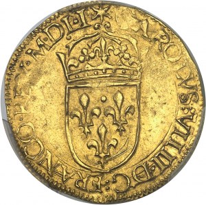 FRANKREICH / KAPITÄTEN - FRANKREICH / KÖNIG Karl IX. (1560-1574). Goldschild mit Sonne, 6. Typ mit gekerbtem Kreuz ND (MDLI, 1551?), protestantische Werkstatt?