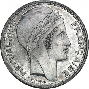 FRANCÚZSKO - FRANCÚZSKA Tretia republika (1870-1940). Skúška 20 frankov Turín v hliníku, Frappe spéciale (SP) 1938, Paríž.