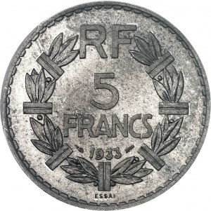 FRANCIE - FRANCIE Třetí republika (1870-1940). Trial 5 franků Lavrillier v hliníku, Frappe spéciale (SP) 1933, Paříž.