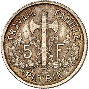 FRANCE - FRANCE État Français (1940-1944). Essai de 5 francs Pétain, 1er type, en bronze-nickel, Frappe spéciale (SP) 1941, Paris.