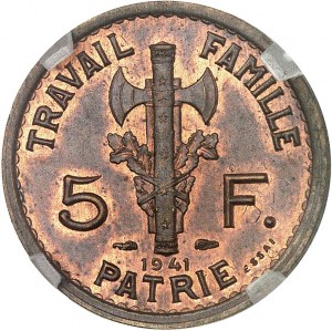 FRANCIE - FRANCIE Francouzský stát (1940-1944). Zkouška 5 franků Pétain, 2. typ, v mědi, Frappe spéciale (SP) 1941, Paříž.
