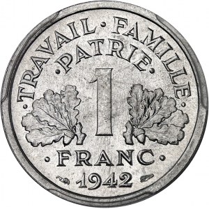 FRANCE - FRANCE État Français (1940-1944). Présérie de 1 franc Bazor, avec croix sur les besants autour de PATRIE, Frappe spéciale (SP) 1942, Paris.