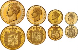 GRANDE-BRETAGNE - UNITED KINGDOM Georges IV (1820-1830). Coffret (PROOF SET) de 11 monnaies, comprenant 4 monnaies en Or [5 livres, 2 livres, 1 souverain et 1/2 souverain] ; 4 monnaies en argent [Couronne, demi-couronne, shilling et 6 pence], et 3 en bron