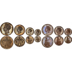 GREAT BRITAIN - UNITED KINGDOM Georges IV (1820-1830). Set (PROOF SET) of 11 coins, including 4 gold coins [5 pounds, 2 pounds, 1 sovereign and 1/2 sovereign]; 4 silver coins [Crown, half-crown, shilling and 6 pence], and 3 bronze coins.