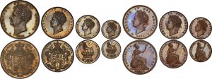 GRANDE-BRETAGNE - UNITED KINGDOM Georges IV (1820-1830). Coffret (PROOF SET) de 11 monnaies, comprenant 4 monnaies en Or [5 livres, 2 livres, 1 souverain et 1/2 souverain] ; 4 monnaies en argent [Couronne, demi-couronne, shilling et 6 pence], et 3 en bron