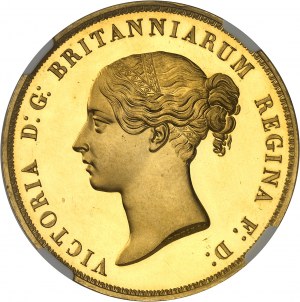 GRANDE-BRETAGNE - UNITED KINGDOM Victoria (1837-1901). 5 livres (5 pounds) “Una and the lion”, bandeaux à 6 rouleaux et 11 feuilles, tranche lisse, Flan bruni (PROOF) 1839, Londres.