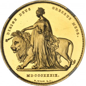 GREAT BRITAIN - UNITED KINGDOM Victoria (1837-1901). 5 pounds Una and the lion, 6-roll and 11-leaf headbands, smooth edge, burnished flan (PROOF) 1839, London.