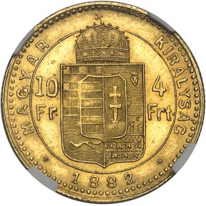 HONGRIE - HUNGARY François-Joseph Ier (1848-1916). 10 francs / 4 forint 1882, KB, Kremnitz (Körmöcbánya).