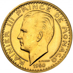 MONACO - MONACO Rainier III (1949-2005). Essai-piéfort de 100 francs en Or, Frappe spéciale (SP) 1950, Paris.