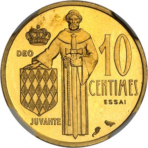 MONACO - MONACO Rainier III (1949-2005). Zkušební kus na 10 centimů ve zlatě, leštěný polotovar (PROOF) 1962, Paříž.
