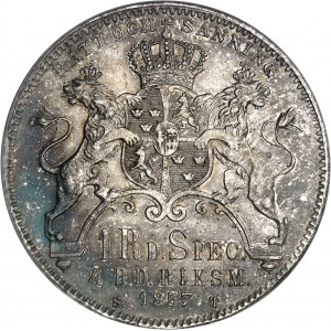 ŠVÉDSKO - ŠVÉDSKO Oscar I. (1844-1859). 1 riksdaler specie nebo 4 riksdalery Ryksmint, 2. poprsí s dlouhými vousy a velkým 4 1857 ST, Stockholm.
