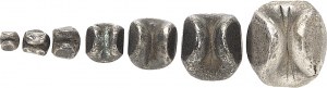 THAILAND - THAILAND Rama IV Mongkut (1851-1868). Set of seven coins (bullet money): tamlung (4 bath), 2 bath, baht, 2 salu'ng (1/2 bath), salu'ng (1/4 bath), fuang (1/8th bath) and song pai (1/16th bath) ND.