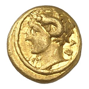 Cyrénaïque, Cyrène. Litra ou 1/10e de statère d’Or au nom du magistrat Theu[pheides] ND (331-322 av. J.-C.), Cyrène.