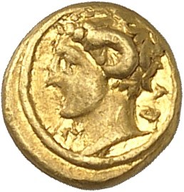 Cyrenaica, Cyrene. Litra or 1/10th of a gold statere in the name of magistrate Theu[pheides] ND (331-322 B.C.), Cyrene.