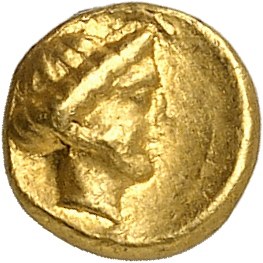 Cyrenaica, Cyrene. Litra or 1/10th of a gold statere in the name of magistrate Theu[pheides] ND (331-322 B.C.), Cyrene.