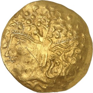 Aulerques Eburovices. Scyphate hemistater on wide flank, ND wolf type (2nd-1st c. BC).