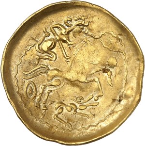 Aulerques Eburovices. Scyphate hemistater on wide flank, ND wolf type (2nd-1st c. BC).