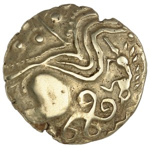 Aulerques Éburovices. Hémistatère au sanglier et swastika ND (début du Ier siècle avant J.-C. jusqu'à la Guerre des Gaules).