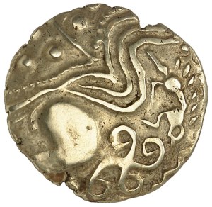 Aulerques Éburovices. Hemistater with boar and ND swastika (early 1st century BC to the Gallic War).